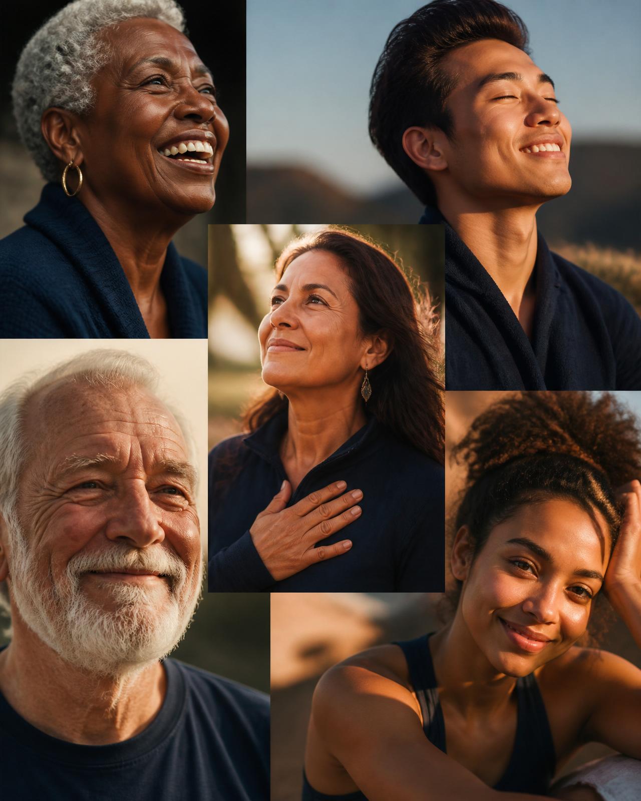 An editorial collage of a diverse group of people — different ages, ethnicities, and genders — smiling in warm golden light, embodying vitality, gratitude, and wellbeing at the heart of Ashley Boyd Marketing's purpose of helping people be sick less and live well.