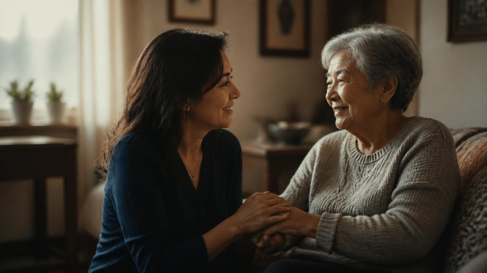 A daughter and her mother sharing a warm, hopeful moment at home — the human side of healthcare