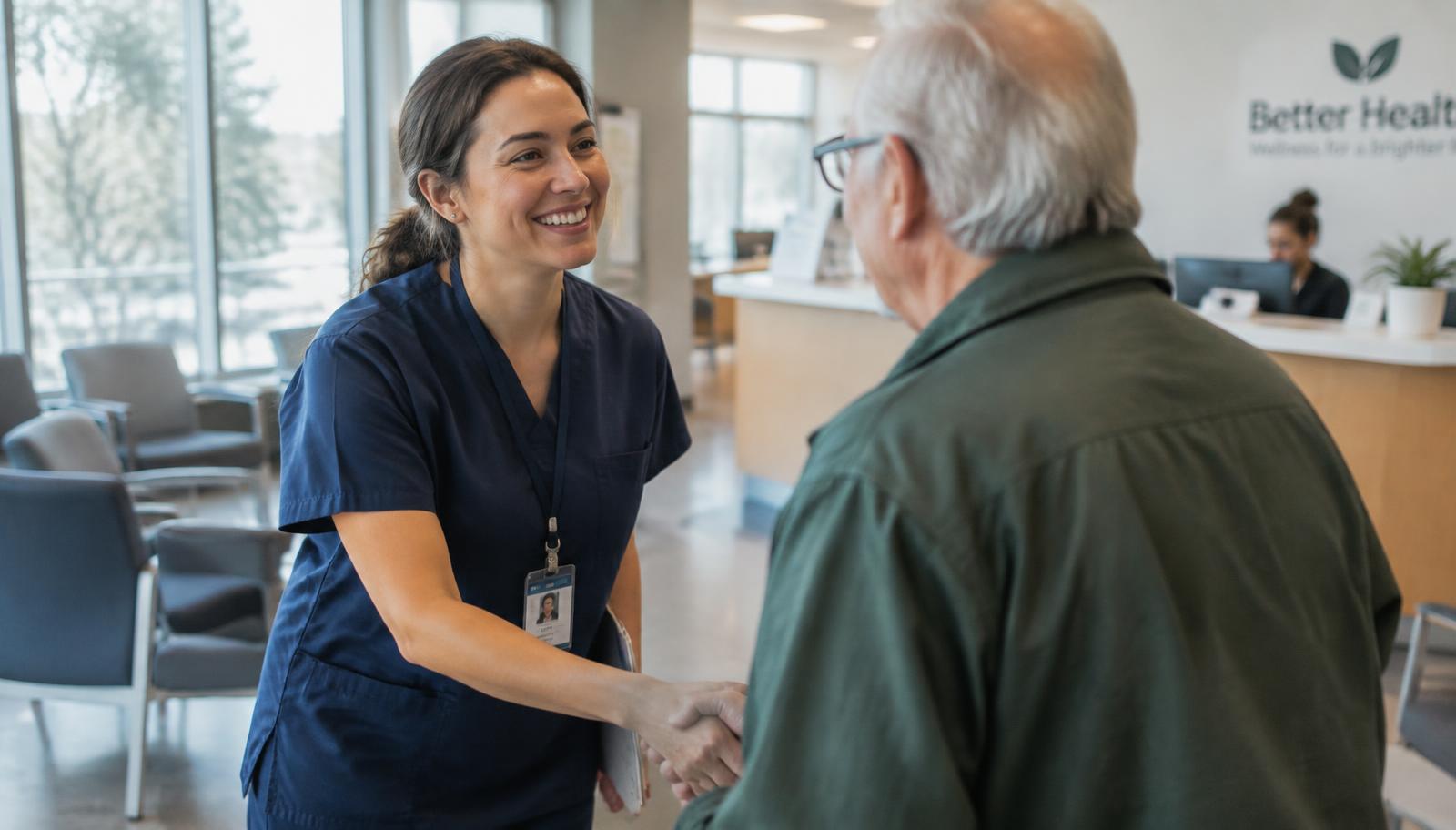 A clinician warmly greeting a patient in a modern clinic reception