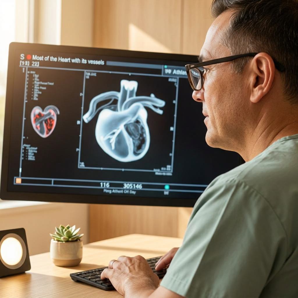 A cardiologist reviewing a 3D heart scan on a monitor