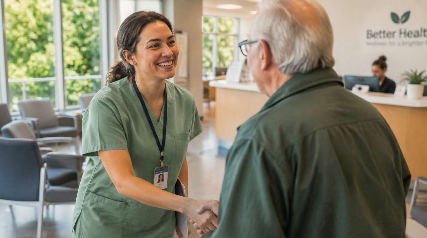 A clinician warmly greeting a patient in a modern clinic reception